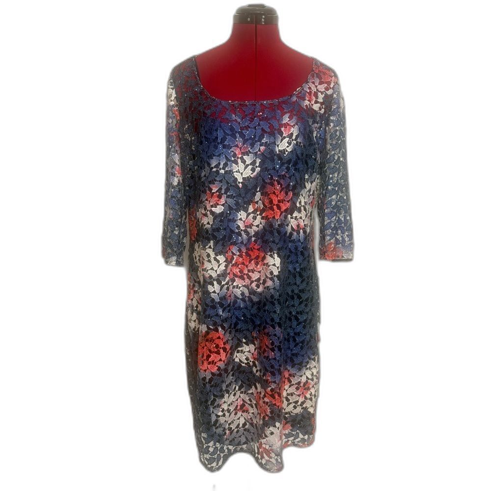 Kay Unger Floral Lace Sheath Dress Size 14 Red & Blue Metallic 3/4 Sleeve